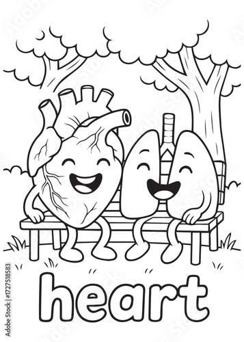 coloring book heart smiling with lungs under tree, anatomy character for kids, cute black white line art design