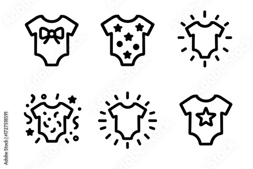 Festive Baby Onesie Icons. Festive Onesie Snap icons in outline style: onesie with bow, celebratory patterned onesie, glowing outfit icon, confetti