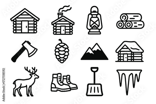 Rustic Cabin Icons. Rustic Cabin icons in outline style: log cabin, chimney smoke, lantern, woodpile, axe, pinecone, mountain, snow-covered roof,