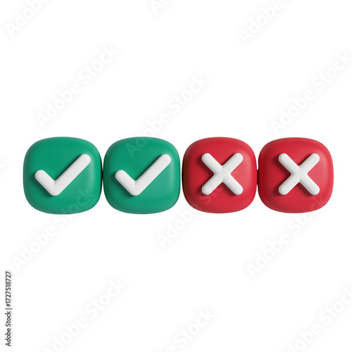 Green check mark and red cross mark isolated on transparent background, representing positive and negative feedback, approval and rejection