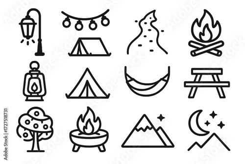 Outdoor Ambience Icons. Outdoor Ambience icons in outline style: street lamp, fairy lights, glowing pathway, campfire, lantern, tent, hammock, picnic