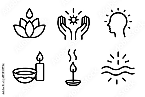 Spiritual Ritual Icons. Spiritual Cleaning Ritual icons in outline style: lotus with water drop, hands washing light, aura cleansing spark, candle