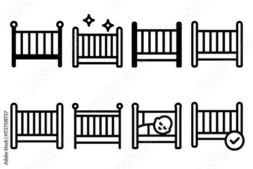 Crib Rail Iconography. Crib Rail icons in outline style: baby crib silhouette, crib rail glowing, mattress and frame, vertical bar design, rounded