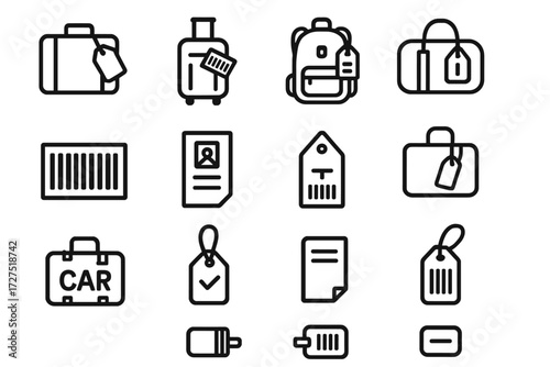 Luggage Tag Icons. Suitcase Tag Icons icons in outline style: travel luggage with tag, rolling bag with barcode label, backpack with ID tag, duffel