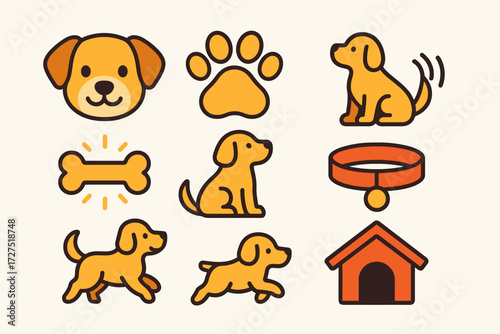 Vibrant Dog Icons. Pet Dog icons in modern flat : cute puppy face, dog paw icon, wagging tail, dog bone glowing, sitting dog shape, collar symbol,