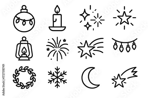 Festive Icon Collection. Festive Glow icons in outline style: ornament ball with lights, candle, sparkles, glowing star, lantern, firework, shooting