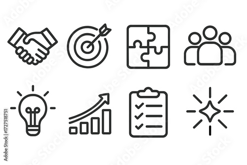 Shared Goals Icons. Shared Goals icons in outline style: joined hands, dart hitting target, connected puzzle, team icon, glowing idea, rising graph,