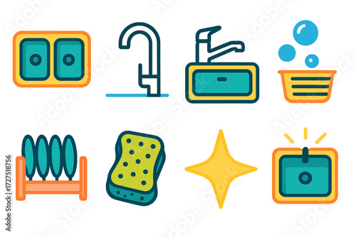 Modern Kitchen Icons. Kitchen Sink icons in modern flat : double basin, faucet design, draining sink, bubbles rising, dish rack icon, sponge scrubber