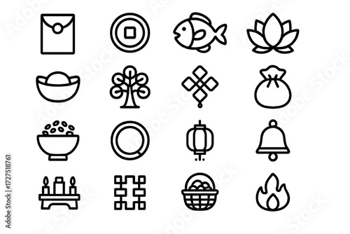 Cultural Prosperity Icons. Cultural Prosperity Icons icons in outline style: red envelope, golden coin, prosperity fish, lotus bloom, feng shui ingot