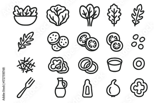 Fresh Salad Icons. Fresh Salad Icons icons in outline style: bowl of greens, lettuce head, spinach bunch, kale leaf, arugula leaf, cucumber rounds,