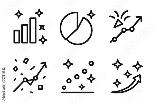 Festive Data Icons. Festive Data Chart icons in outline style: sparkling bar chart, glowing pie chart, celebratory line graph, confetti around chart,