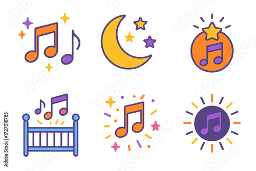 Lullaby Icons Collection. Festive Lullaby Music icons in modern flat : sparkling notes, glowing moon and stars, celebratory lullaby symbol, radiant