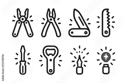 Sleek Multi-Tool Icons. Multi-Tool icons in outline style: folding multitool, pliers tool, blade knife, saw edge, screwdriver tip, bottle opener,