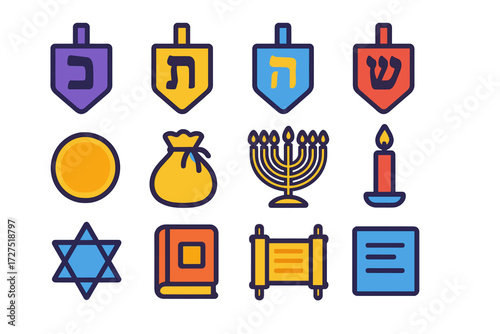 Hanukkah Symbol Icons. Symbol Meanings icons in modern flat : dreidel side with nun, dreidel side with gimel, dreidel side with hey, dreidel side
