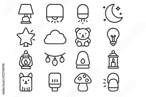 Night Light Icons. Night Light Icons icons in outline style: bedside lamp, wall night light, plug-in light, glowing moon, star lamp, cloud lamp, baby