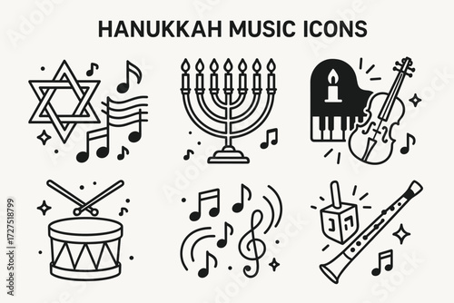 Hanukkah Musical Icons. Hanukkah Music icons in outline style: star of david with notes, menorah with rhythm, piano with candle glow, violin shining,