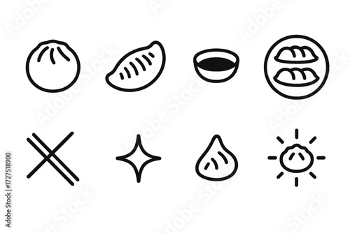 Asian cuisine silhouette icon set. featuring dumplings, bao, soy sauce, chopsticks, star anise, and dim sum symbols