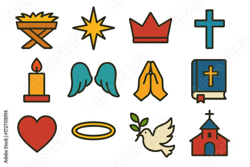Nativity Icon Set. Symbolic Nativity icons in modern flat : manger crib, star of Bethlehem, crown, cross, candle, angel wings, prayer hands, bible,