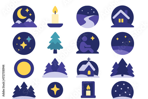 Peaceful Night Icons. Peaceful Night Icons icons in modern flat : moon over mountain, glowing candle, snowy path, quiet home, night sky stars, frosty