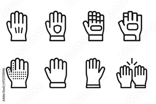Variety of Work Gloves. Work Gloves icons in outline style: leather gloves, safety gloves, padded gloves, fingerless gloves, rubber grip gloves,