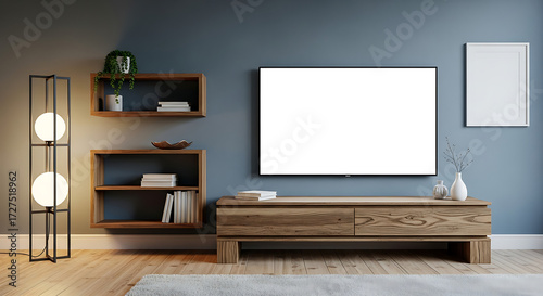 Modern living room with sleek tv entertainment center and ambient lighting detail