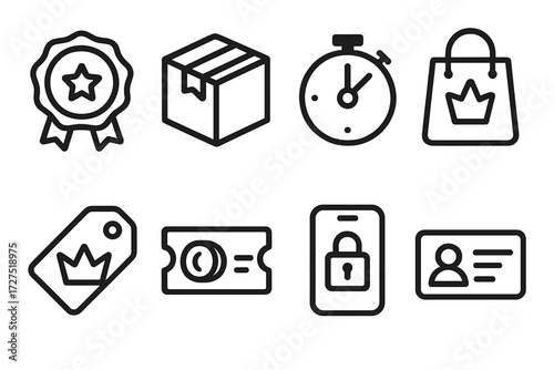 Exclusive Icons Collection. Exclusive Pre-Sales icons in outline style: priority badge, reserved product box, timer icon, premium shopping bag, crown