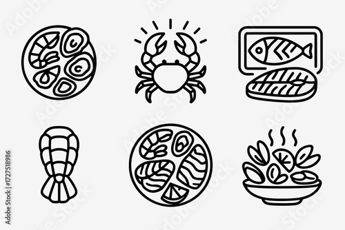 Seafood Platter Icons. Seafood Platter icons in outline style: shrimp and oysters plate, crab legs glowing, fish fillet on tray, mussels scattered,