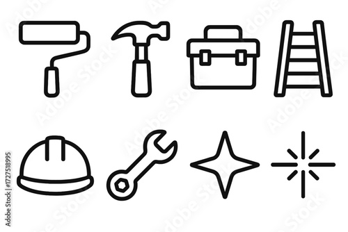 Renovation Icons Outline. Renovation Work icons in outline style: paint roller, hammer, toolbox, ladder, construction helmet, wrench, glowing star,