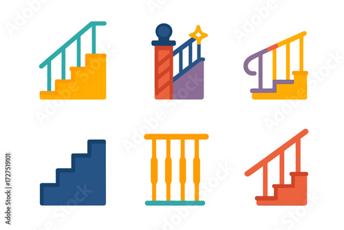 Modern Staircase Icons. Staircase Rail icons in modern flat : steps with railing, stair banister, curved staircase, vertical rods, glowing aura,
