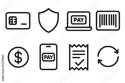 Payment Icons Set. Payment Gateway icons in outline style: credit card chip, shield symbol, digital checkout, barcode icon, currency sign, mobile app