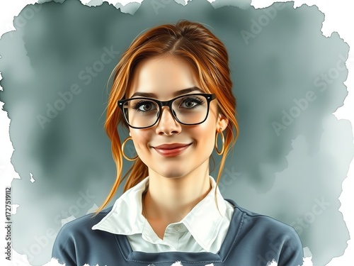 Charming Redhead Portrait: Professional Woman with Eyeglasses and a Confident Smile
