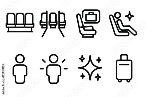 Airplane travel linear icon set. featuring seat, passenger, luggage, recline, and sparkle symbols