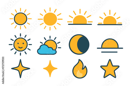 Modern Sun Icon Set. Classic Sun icons in modern flat : round sun, rays, half sun, sunrise, sunset, sun with face, cloud and sun, eclipse, horizon