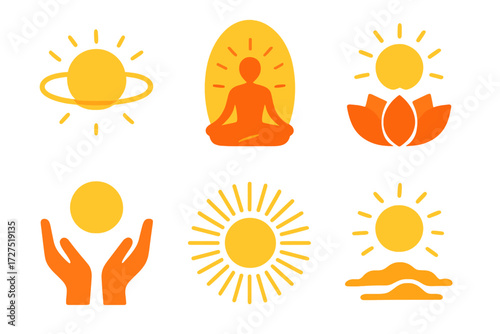 Meditation flat icons set. featuring sun, yoga, meditation, lotus, hands, sunrise symbols
