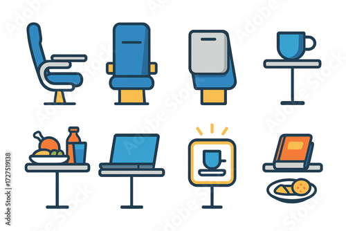 Modern Tray Table Icons. Tray Table icons in modern flat : airplane seat with tray open, folded tray against seat, cup on tray table, meal served on