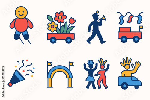 Vibrant Parade Icons. Parade Floats icons in modern flat : giant balloon character, decorated flower float, marching band silhouette, festive wagon