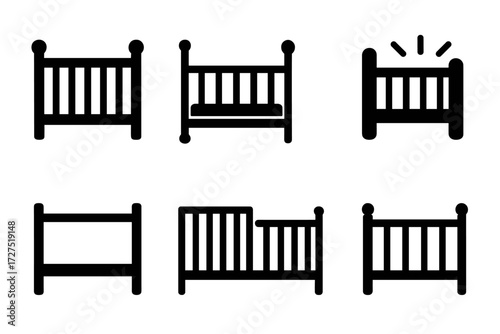 Baby cribs silhouette icon set. featuring various crib designs, safety alerts, and adjustable rails