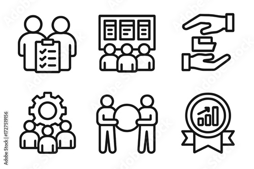 Teamwork Icons Collection. Team Task Sharing icons in outline style: coworkers with checklist, project board with group, teamwork handoff icon,
