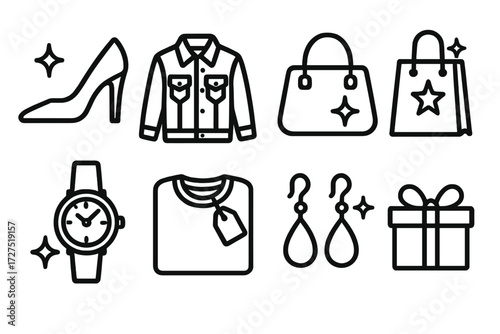 Fashion Icon Essentials. Fashion Drops icons in outline style: stiletto heel with shine, denim jacket glowing, handbag with spark, shopping bag with