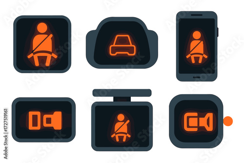 Vibrant Seatbelt Icons. Digital Seatbelt Sign icons in modern flat : glowing seatbelt display, dashboard with belt icon, smartphone safety alert,