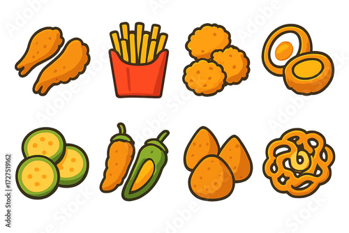 Fried Foods Icons. Fried Foods icons in modern flat : fried wings, shoestring fries, onion fritters, scotch egg, fried zucchini, jalapeño poppers,