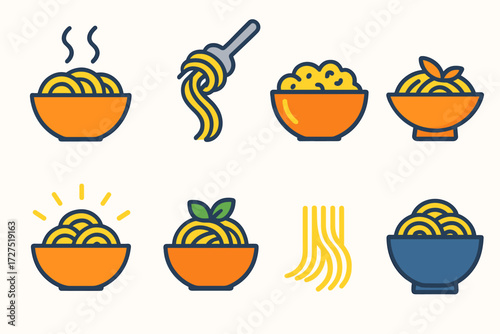 Vibrant Pasta Icons. Pasta Bowl icons in modern flat : bowl of noodles steaming, fork with pasta swirl, macaroni and cheese bowl, penne with sauce,