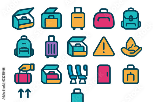 Cabin Bin Icons. Cabin Bin Icons icons in modern flat : open overhead bin, closed bin, carry-on suitcase, duffel bag, backpack, rolling luggage,