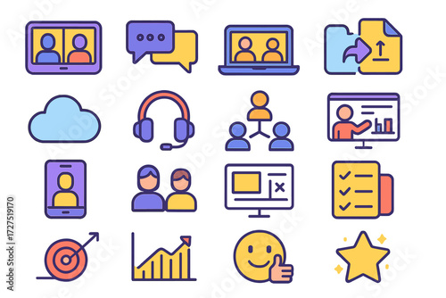Virtual Collaboration Icons. Virtual Collaboration Icons icons in modern flat : video call screen, chat window, laptop meeting, shared file, cloud