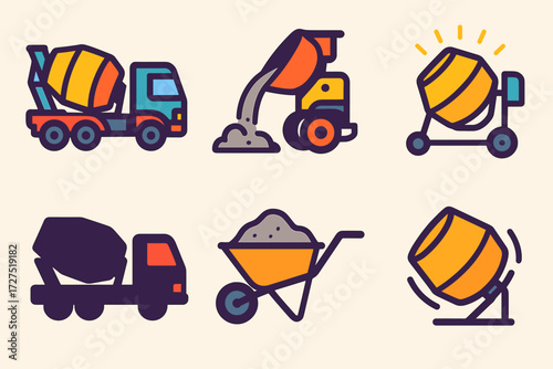 Vibrant Concrete Mixer Icons. Concrete Mixer icons in modern flat : rotating drum truck, cement pouring chute, construction mixer icon, truck with