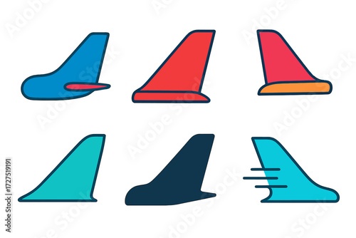Colorful Aircraft Tail Icons. Tail Fin Icons icons in modern flat : airplane tail fin, vertical stabilizer, side view tail with rudder, abstract fin