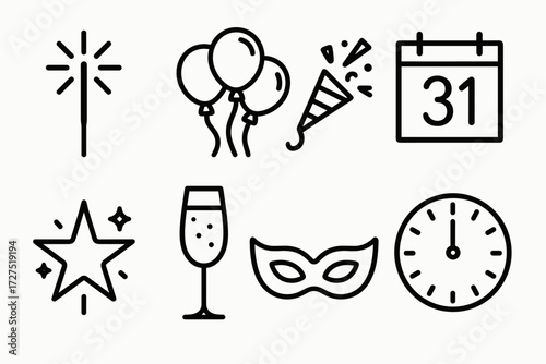 New Year's Eve Icons. New Year’s Eve icons in outline style: sparkler wand, balloon cluster, confetti cannon, calendar page with 31, glittering star,