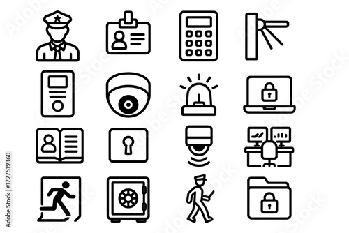 Corporate Security Icons. Corporate Security Icons icons in outline style: office guard, ID badge, access keypad, turnstile gate, intercom, CCTV dome