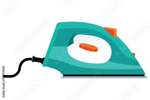 Illustration of a turquoise iron with orange details, a common household appliance used for ironing clothes and fabrics to remove wrinkles