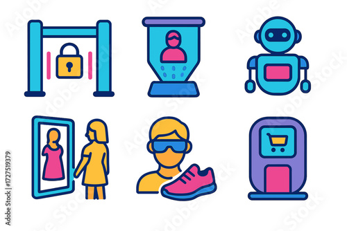 Innovative Retail Icons. Future Store Experience icons in modern flat : cashierless gate, hologram display, robotic assistant, smart fitting room
